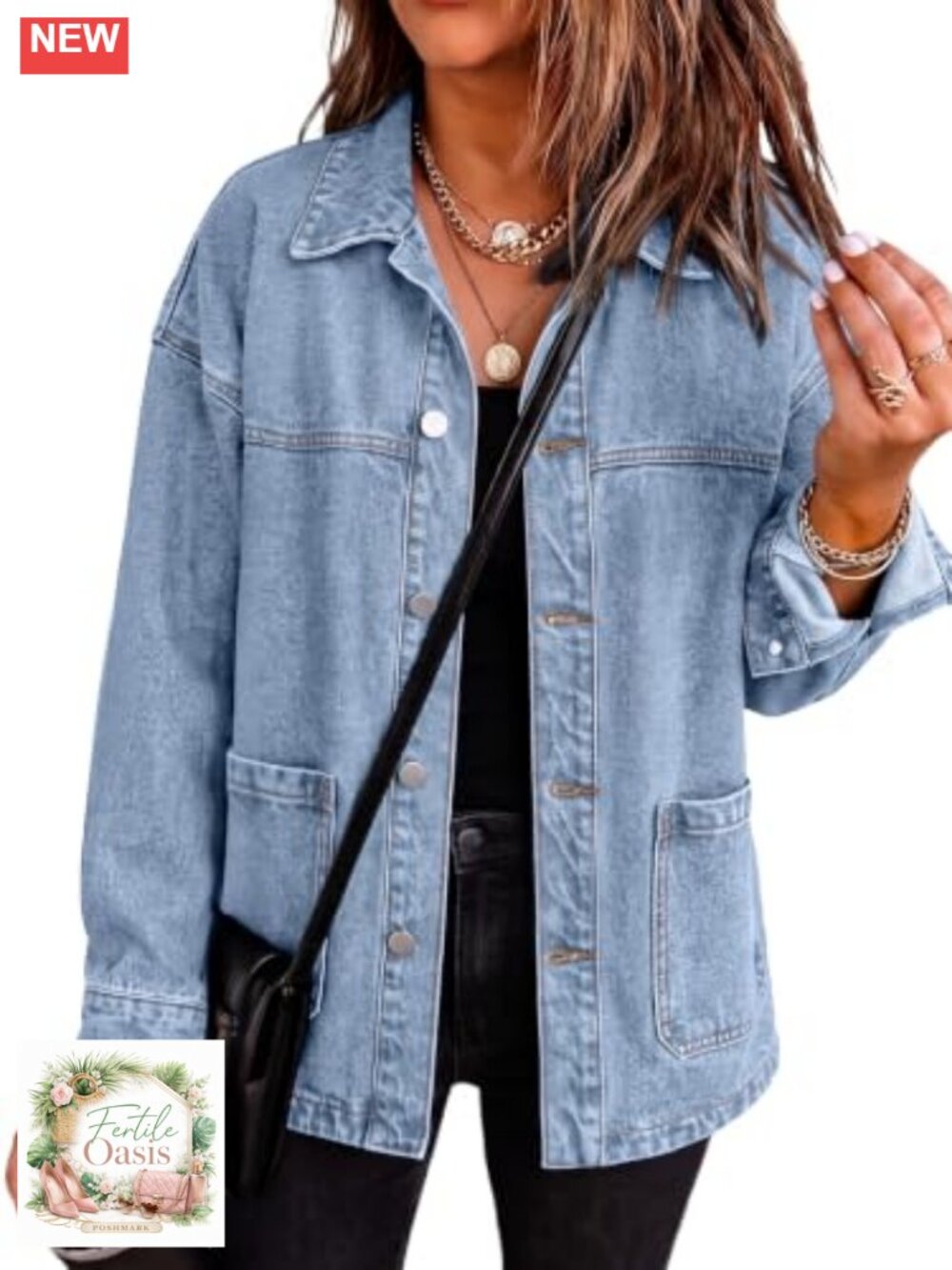 Women's Oversized Denim Jacket Boyfriend Shacket Cotton Button-Up